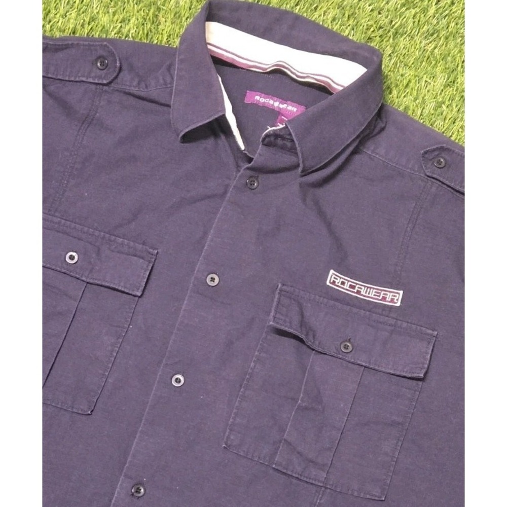 Y2K Rocawear Command Shirt Mens 2XL Navy Blue Utility Epaulets Streetwear